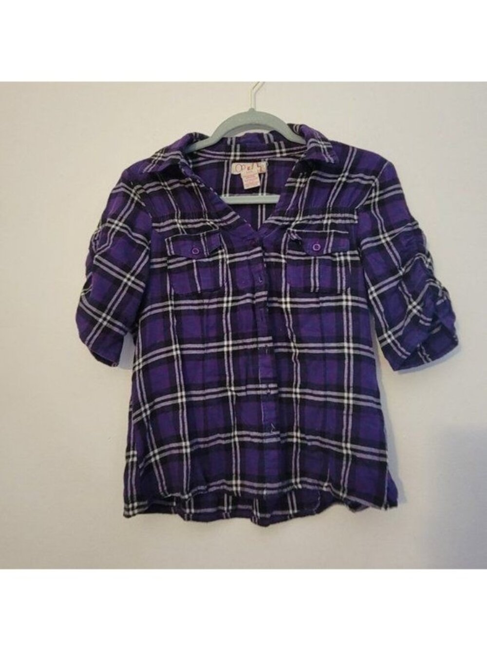 Op Girls Purple Plaid Button-Up Shirt L/G 11/13 Rolled Sleeves Pockets